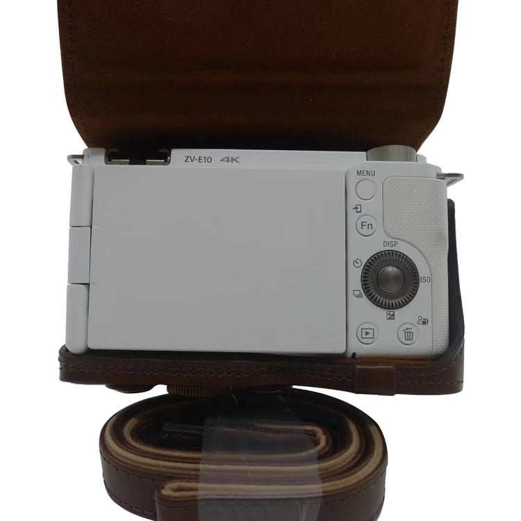 Full Body Camera PU Leather Case Bag for Sony ZV-E10(Coffee)
