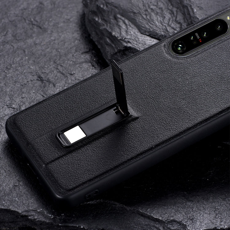 For Sony Xperia 1 III PC + Leather Texture Protective Phone Case with Metal Holder(Black)