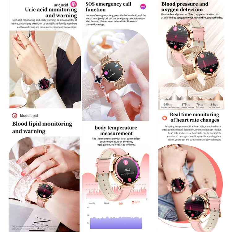 T86 Woman Health 1.27 inch Smart Watch, BT Call / Physiological Cycle / Heart Rate / Blood Pressure / Blood Glucose / SOS(Rose Gold Steel Band)