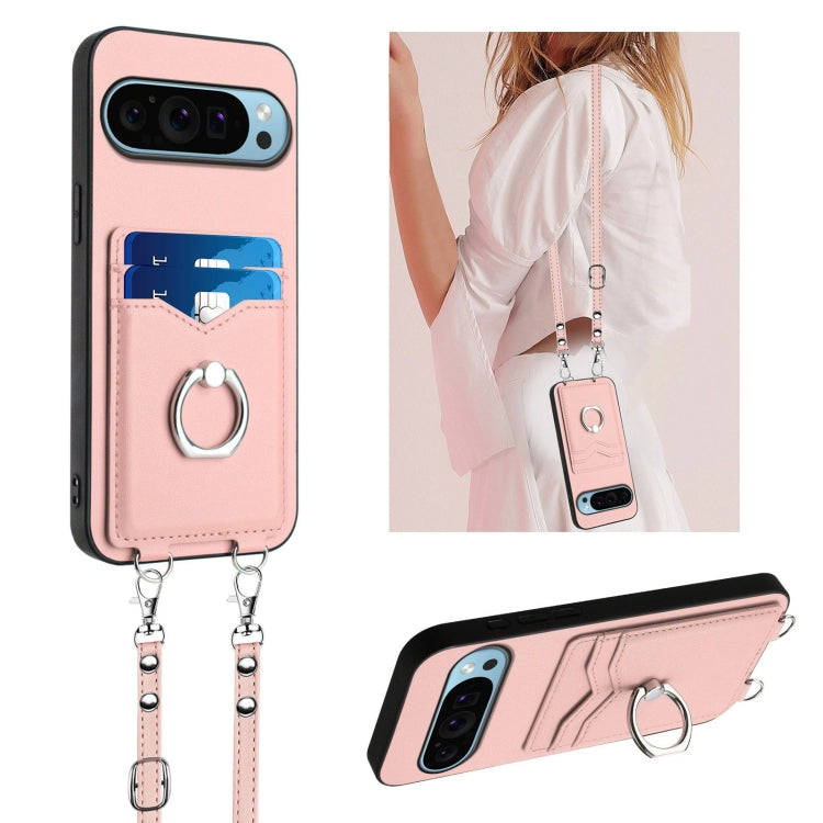 For Google Pixel 9 / 9 Pro R20 Crossbody Rope Ring Card Holder Phone Case(Pink)