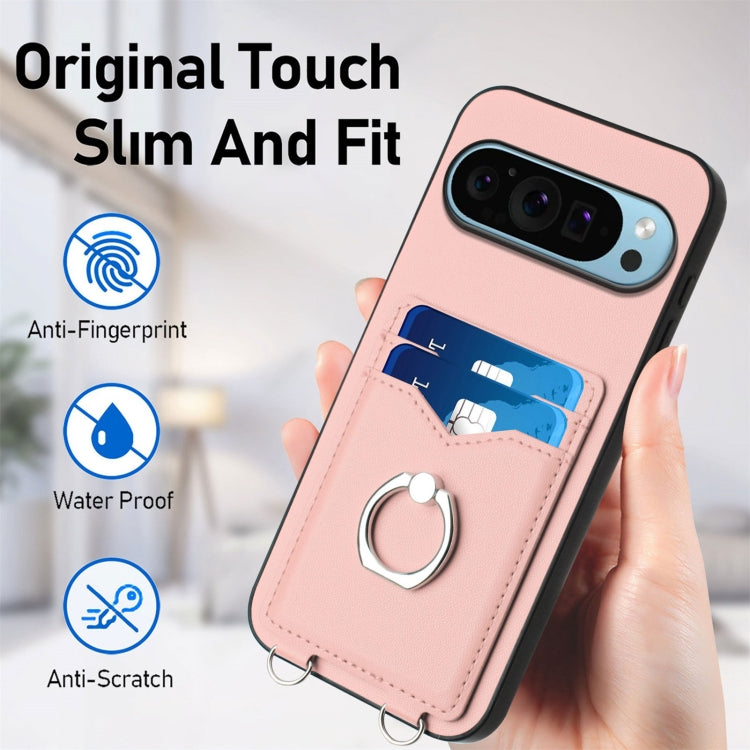 For Google Pixel 9 / 9 Pro R20 Crossbody Rope Ring Card Holder Phone Case(Pink)