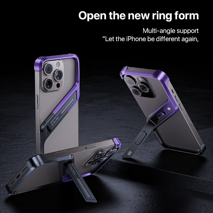 For iPhone 16 S-shaped Stand Frameless Metal Phone Case(Black Purple)