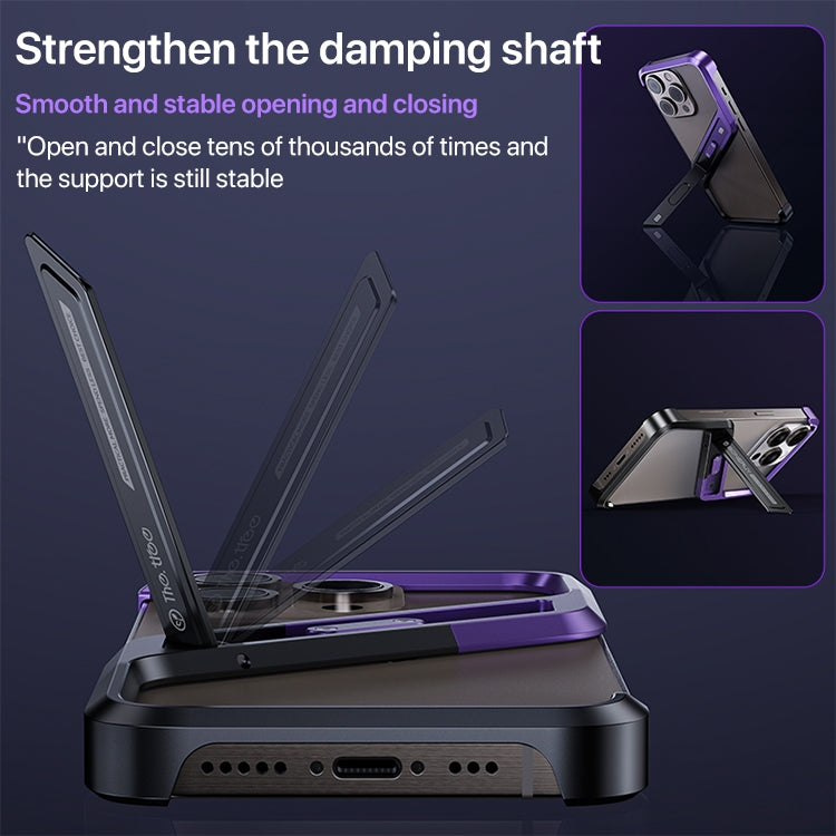 For iPhone 16 S-shaped Stand Frameless Metal Phone Case(Black Purple)