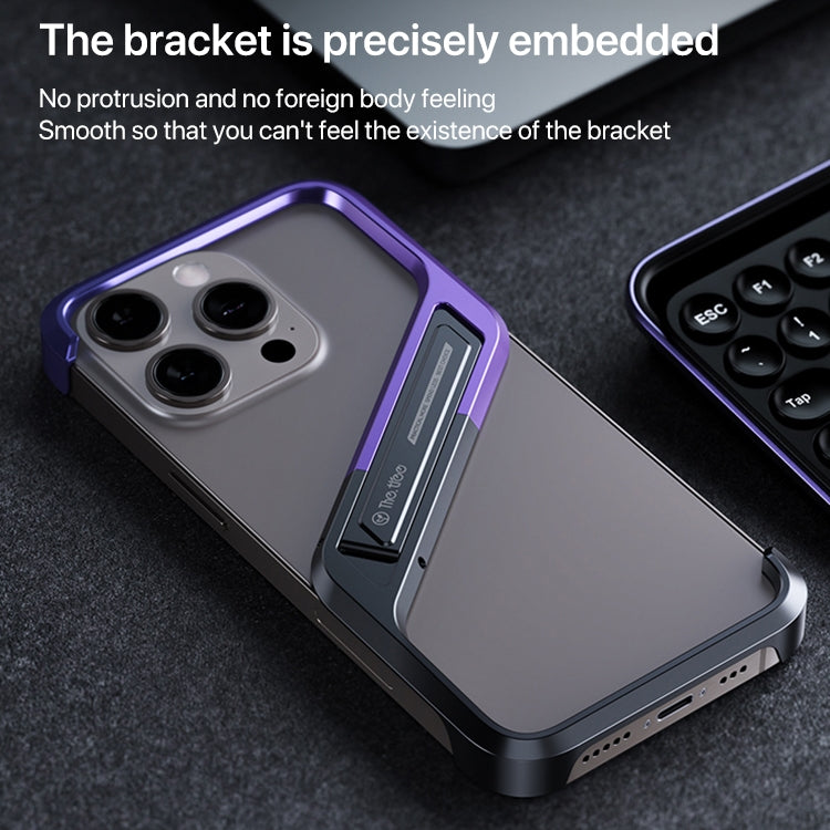 For iPhone 16 S-shaped Stand Frameless Metal Phone Case(Black Purple)