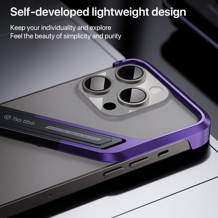 For iPhone 16 S-shaped Stand Frameless Metal Phone Case(Black Purple)