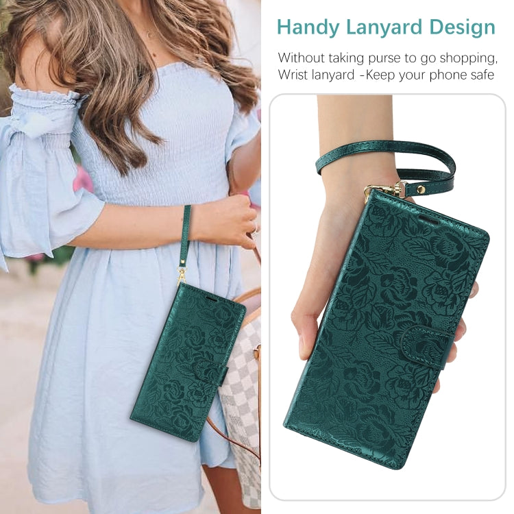 For Samsung Galaxy S25+ 5G Peony Flowers Imprint Leather Phone Case(Green)