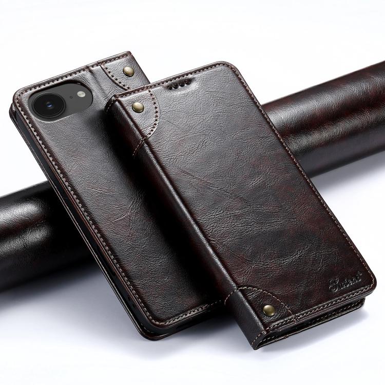 For iPhone 16e Suteni Baroque Calf Texture Buckle Wallet Leather Phone Case(Brown)