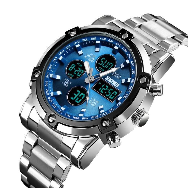 SKMEI 1389 Multifunctional Men Business Digital Watch 30m Water-resistant Large Dial Wrist Watch with Stainless Steel Watchband (Blue)