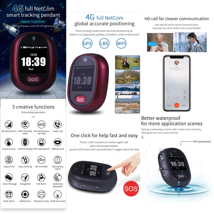 REACHFAR RF-V45-A Mini Touch Screen GPS Smart Tracker Pendant, Support SOS / Camera / Health Management / Video Calling / 4G LTE, For Asia/Europe/Africa / Australia(Wine Red)