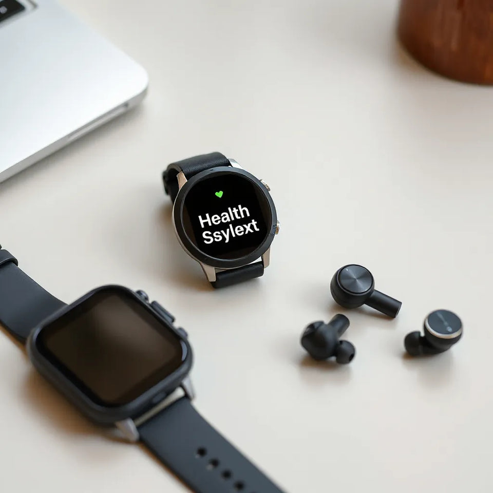 Smartwatch, fitness band, and smart earbuds arranged on a clean desk for comparing wearable features