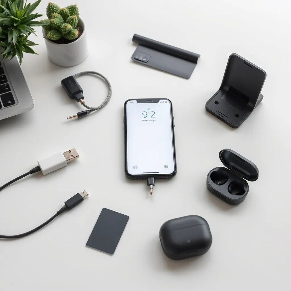 Smartphone on a minimal desk with charger, foldable stand, car mount, and wireless earbuds nearby