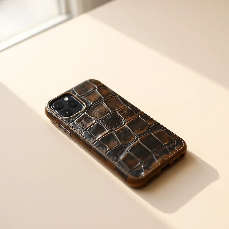 Crocodile leather phone case with visible scale texture and a modern smartphone on a light neutral surface