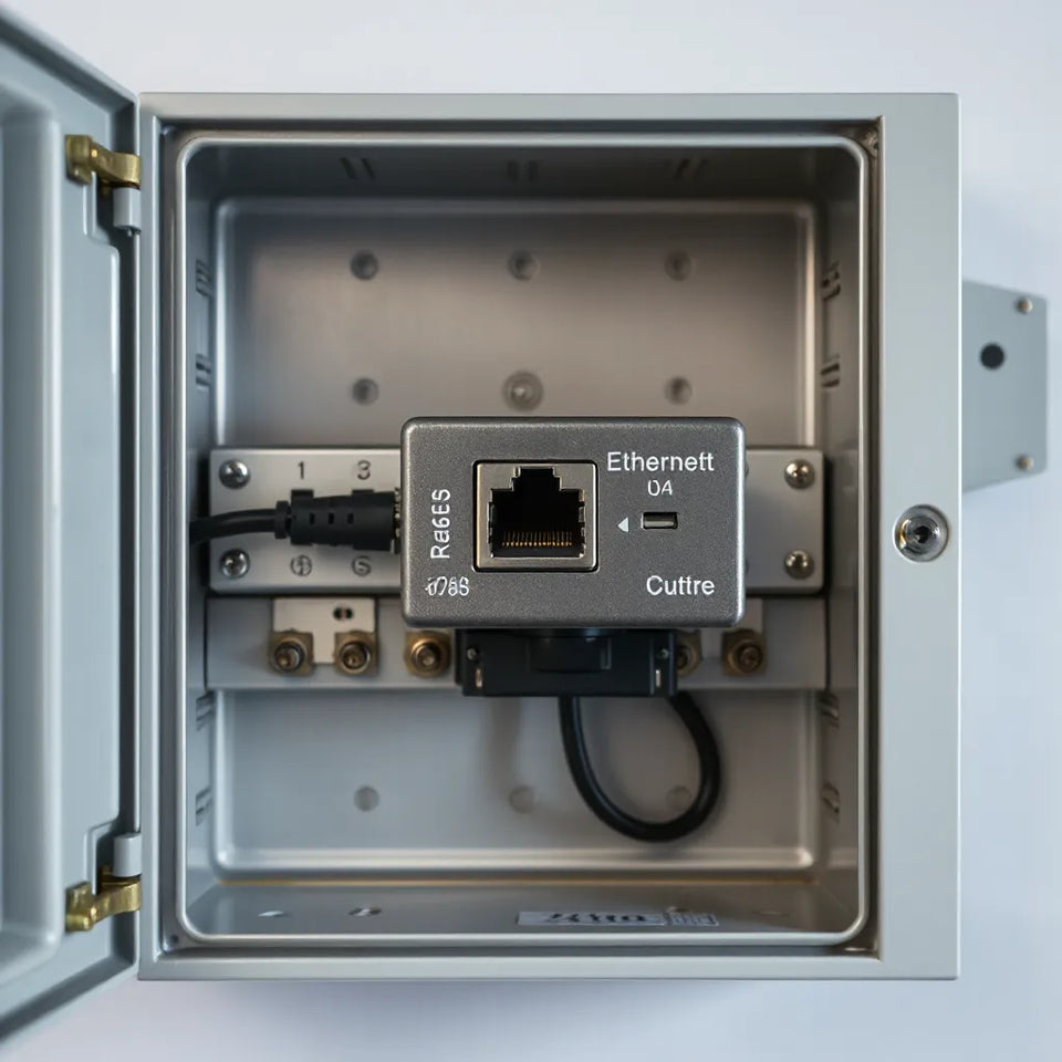 Industrial Ethernet relay module on a DIN rail with connected Ethernet cable and terminal wiring