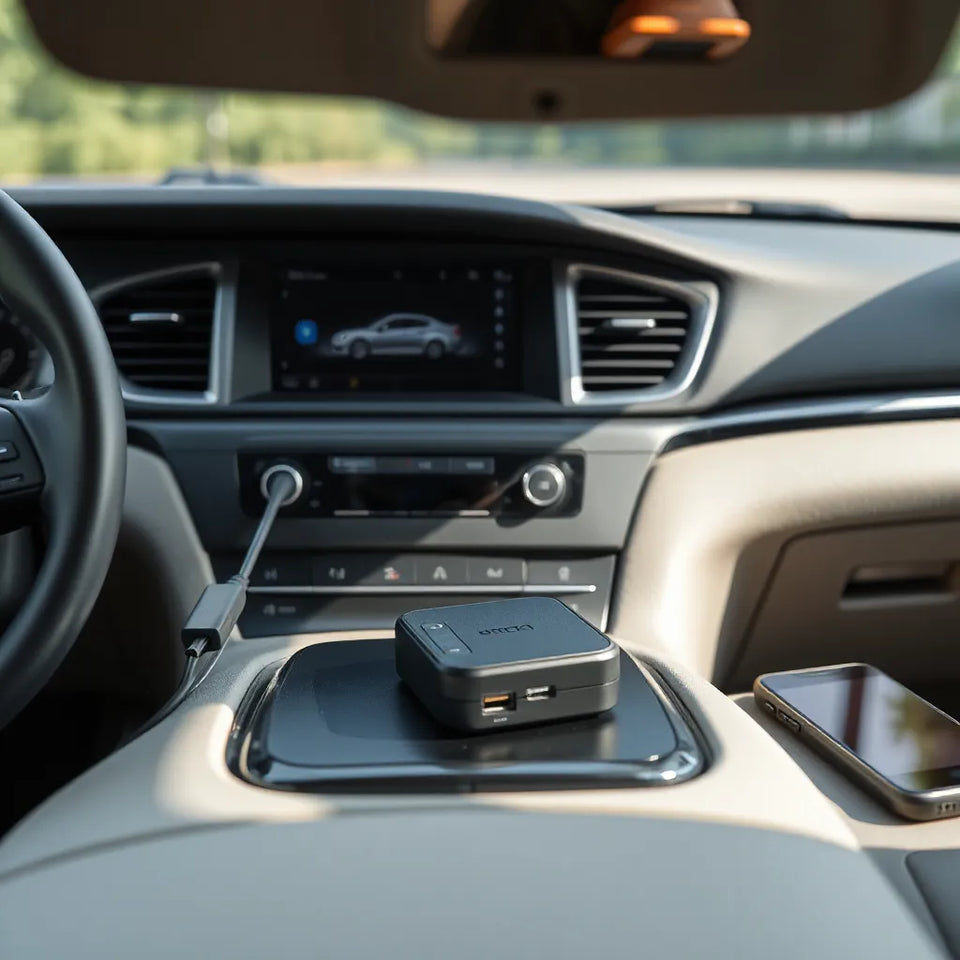 Compact 2-in-1 connectivity boxes connected to a car console next to a smartphone for CarPlay-style access