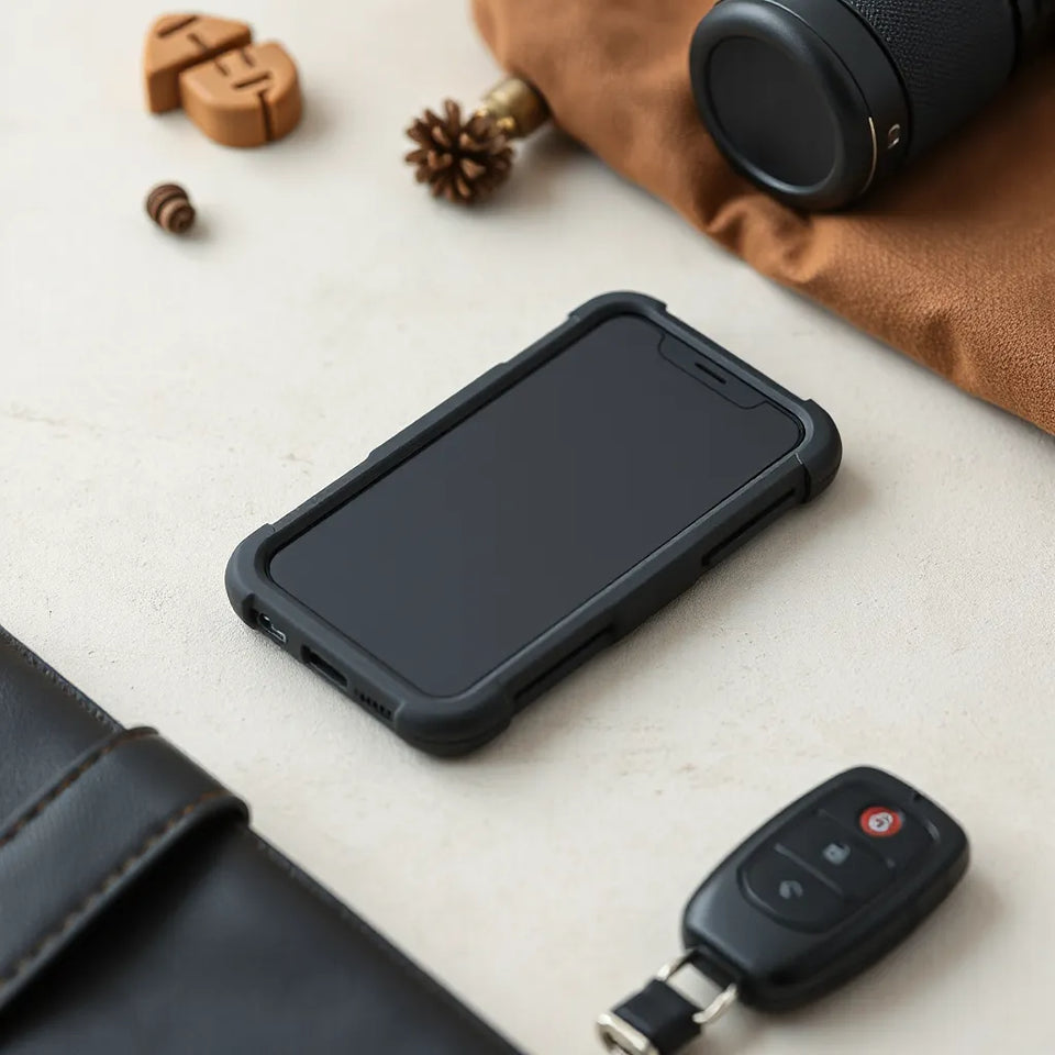 Smartphone in a rugged secure case with reinforced corners and shock-absorbing bumper on a neutral background
