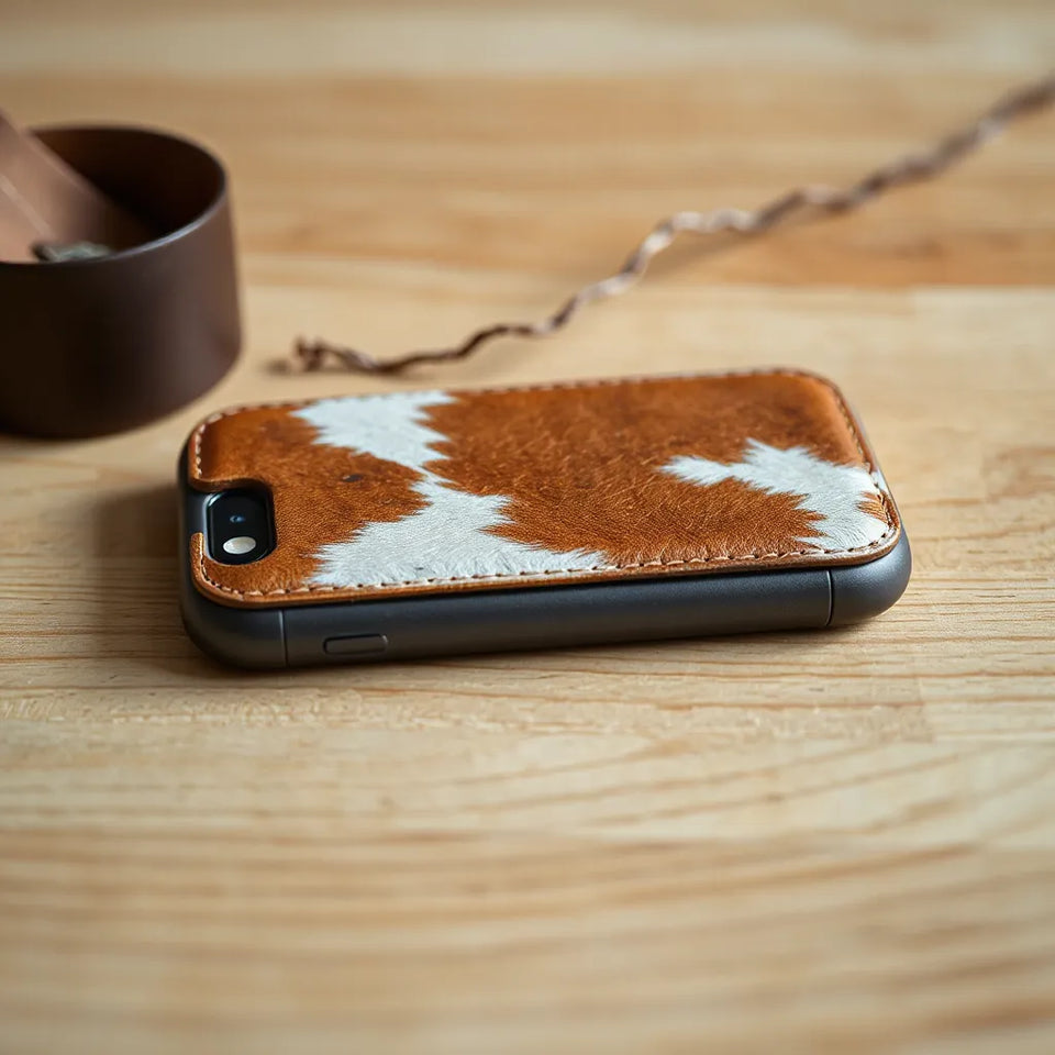 Top layer cowhide leather phone case with visible grain and smooth edges on a wooden surface