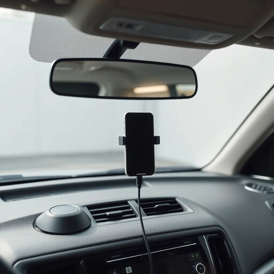 Smartphone securely mounted in a car with tidy charging cable and minimalist dashboard accessories.
