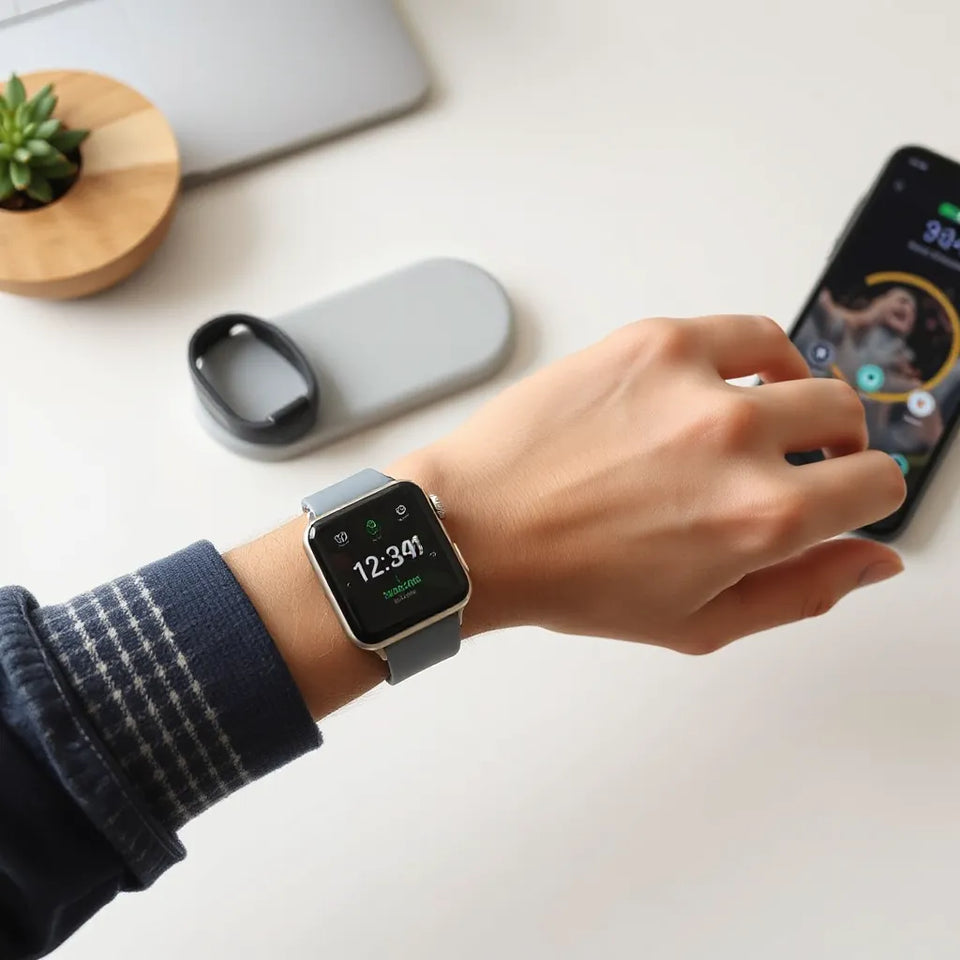 Smartwatch and fitness band on a desk next to a phone, worn by a person with health tracking theme