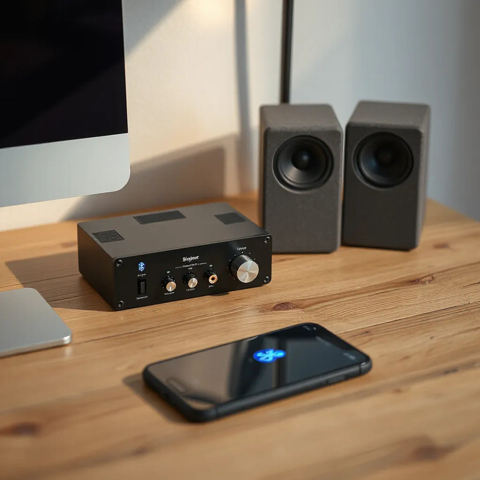 Compact Bluetooth amplifier on a desk connected to bookshelf speakers for wireless audio