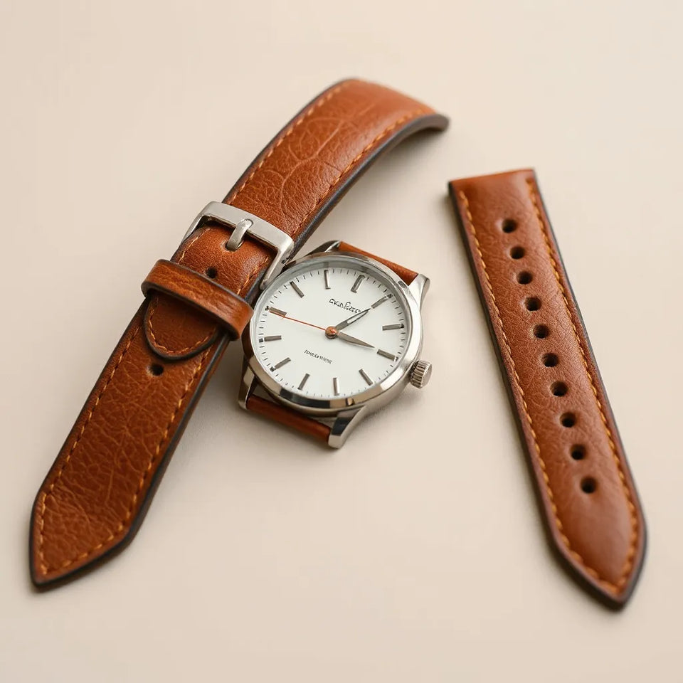 Close-up of a genuine leather watch band with visible stitching and a metal buckle beside a classic watch