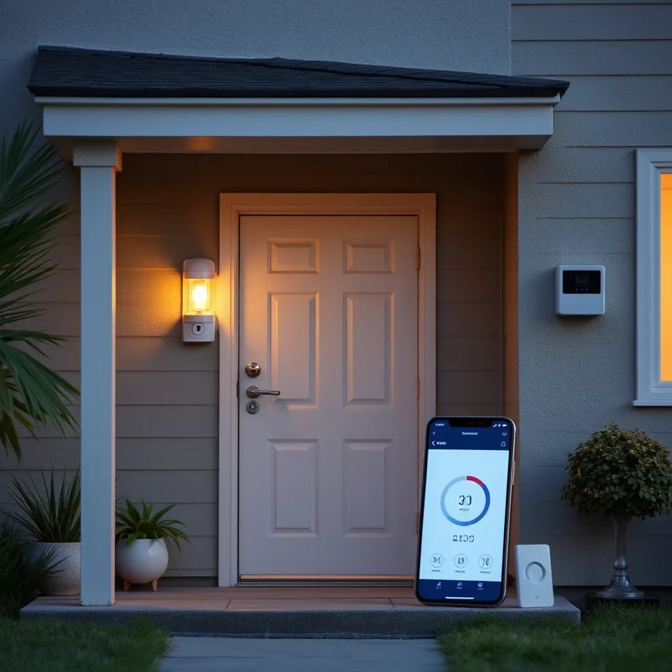 Front door with smart lock, security camera, motion sensor, and alarm keypad for home protection.