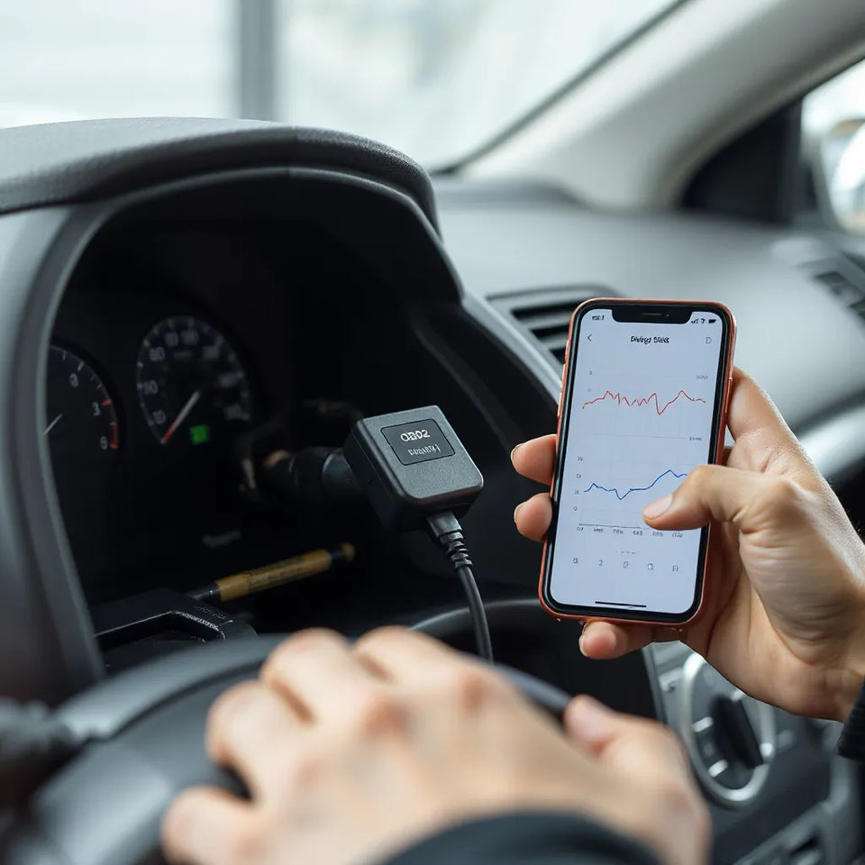 OBD2 diagnostic tool plugged into a car’s OBD-II port with a smartphone showing generic diagnostics