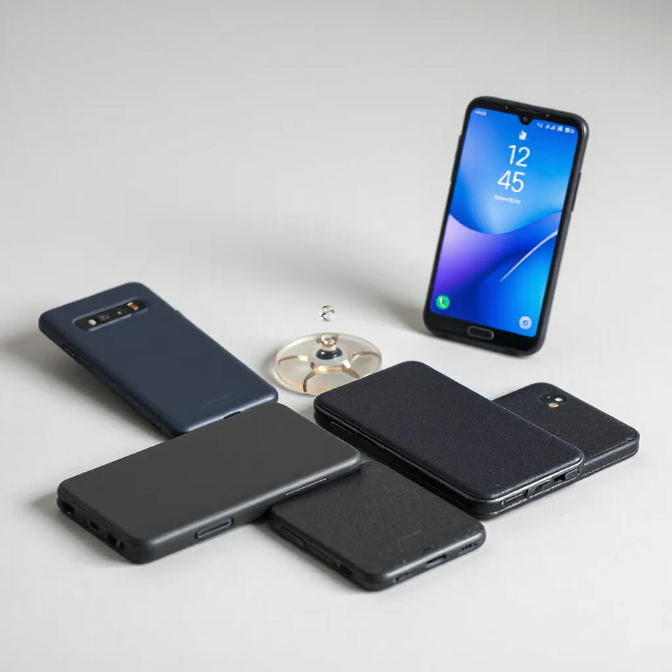 Assorted Samsung phone cases with visible textures and a partially shown smartphone on a clean studio background