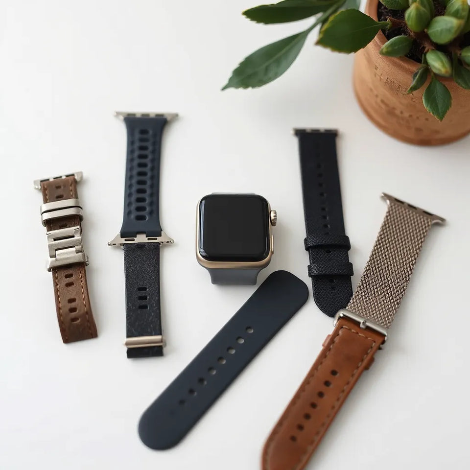 Assorted Apple Watch bands in silicone, metal, leather, and fabric with a watch centered on a clean table.