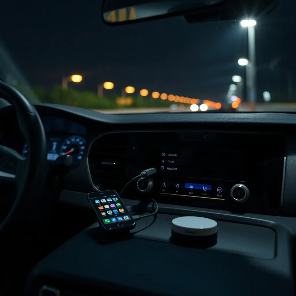 Smartphone mounted near a car USB port with a wireless Android Auto adapter for quick pairing