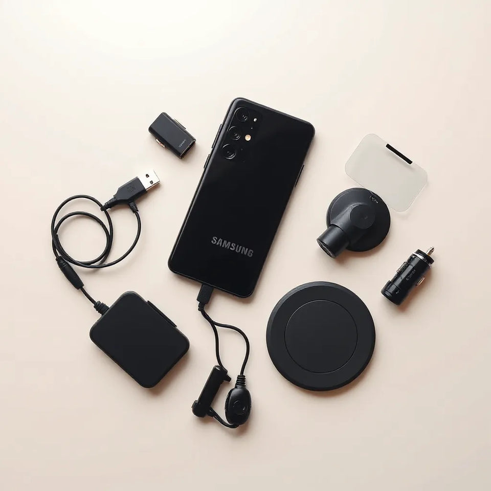 Neatly arranged Samsung phone accessories including a case, USB-C cable, charger, screen protector, and wireless charging pad