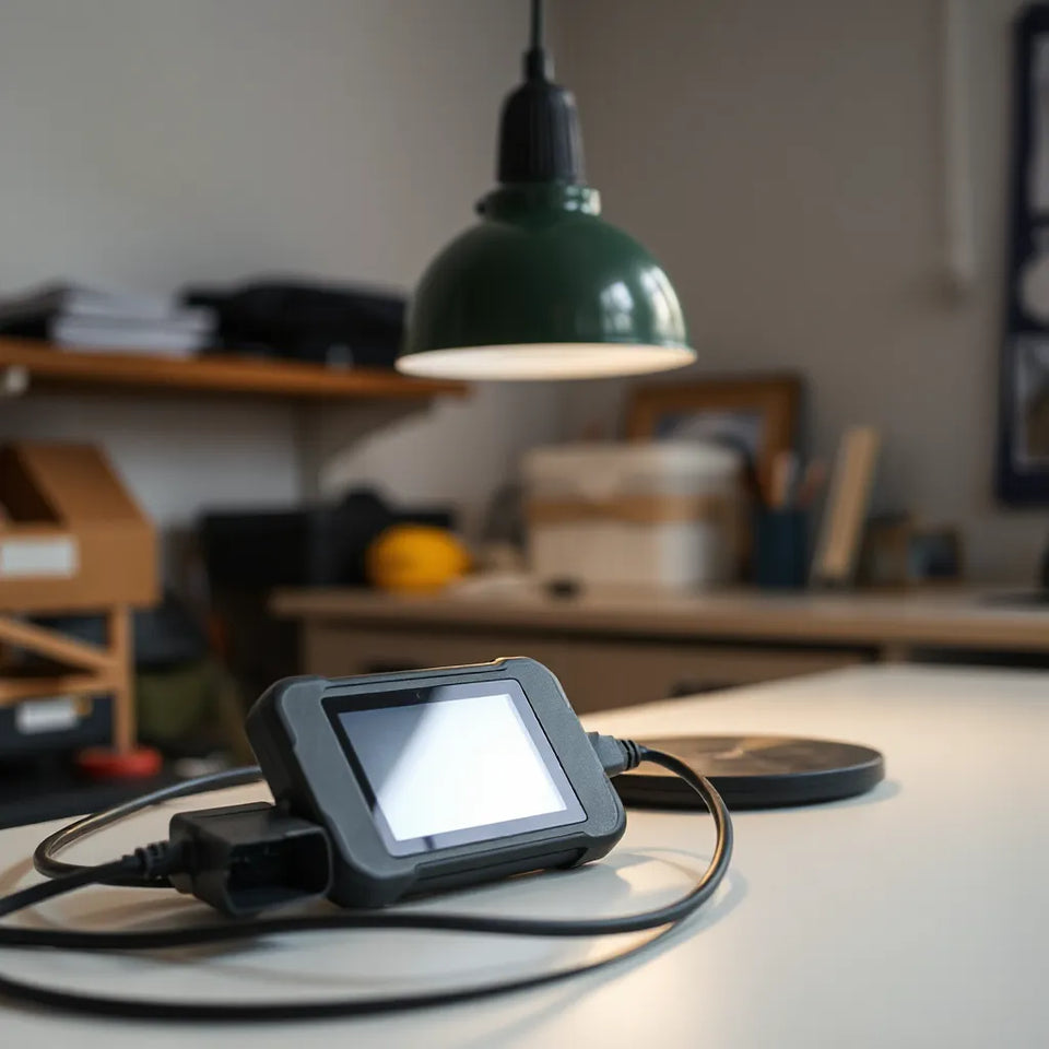 Digital diagnostic scanner connected to a car port with a laptop-like screen display and attached cable