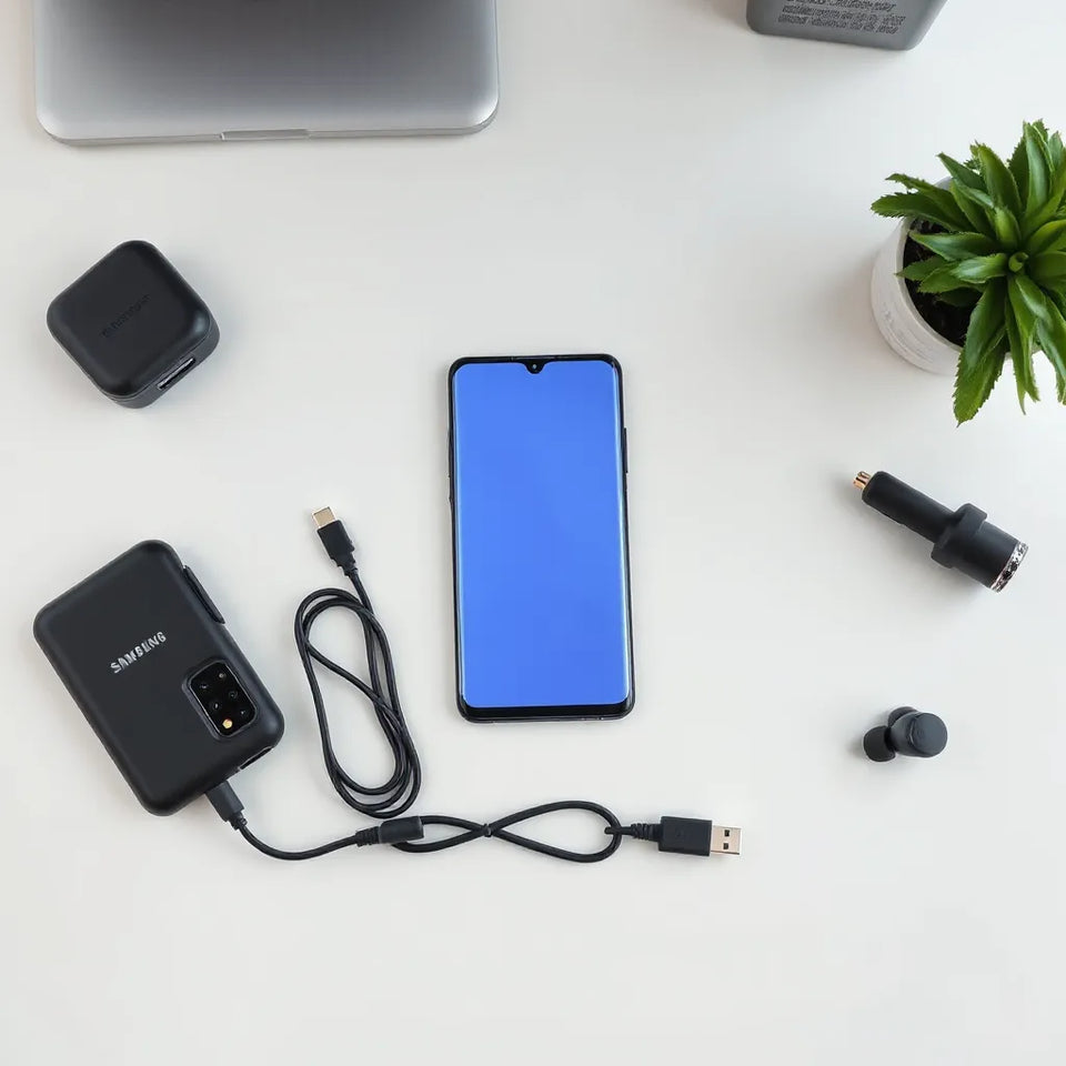 Samsung smartphone with neatly arranged accessories like a case, screen protector, charger, car mount, and earbuds