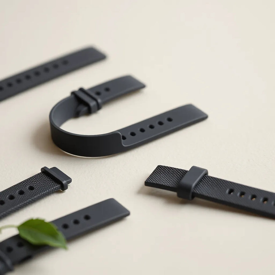 Assorted nylon silicone watch bands in different colors on a clean neutral background, showing flexible texture