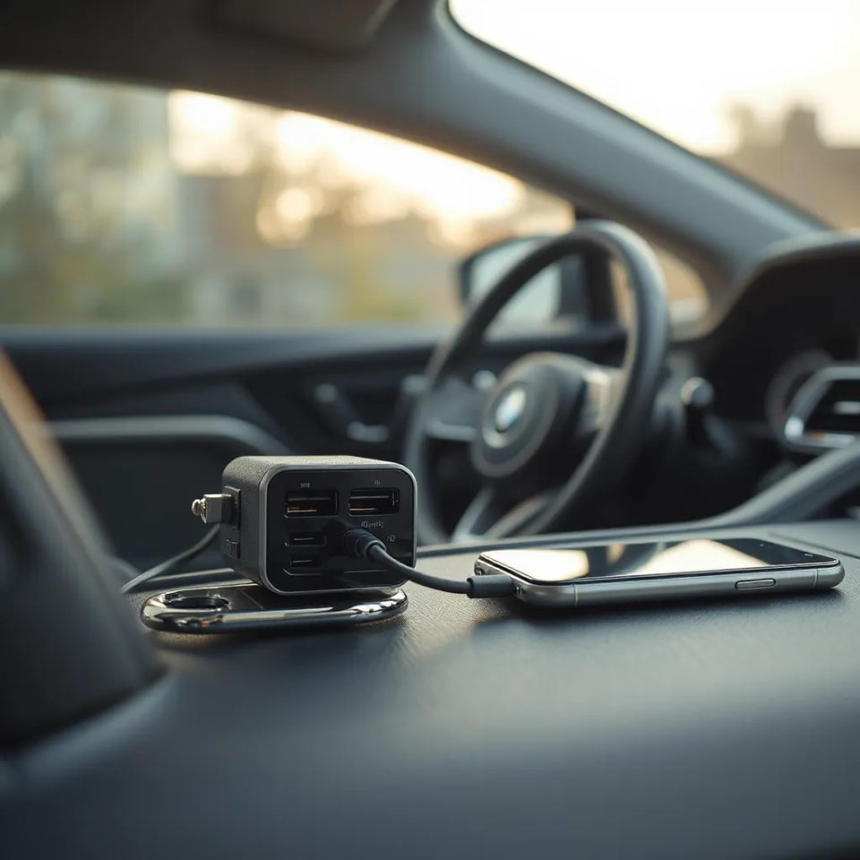 Compact car charger plugged into the dashboard socket charging a smartphone