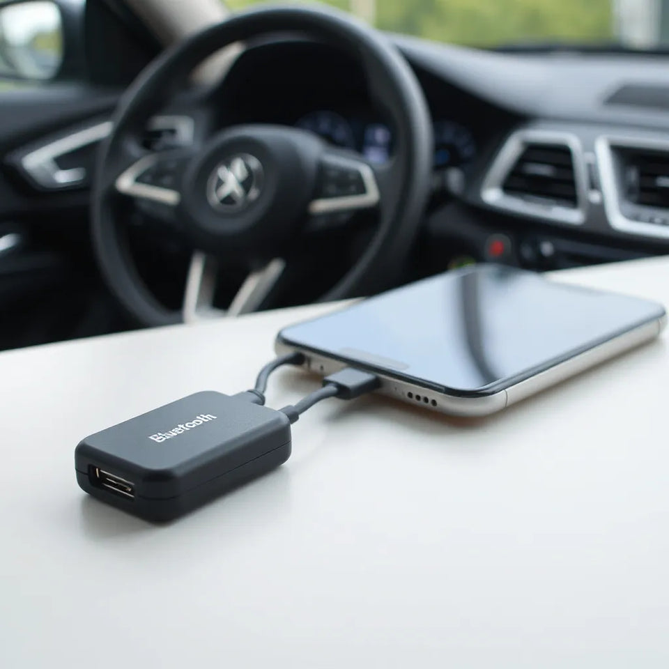 Bluetooth diagnostic adapter connected to a smartphone with generic connection icons, with a softly blurred car background
