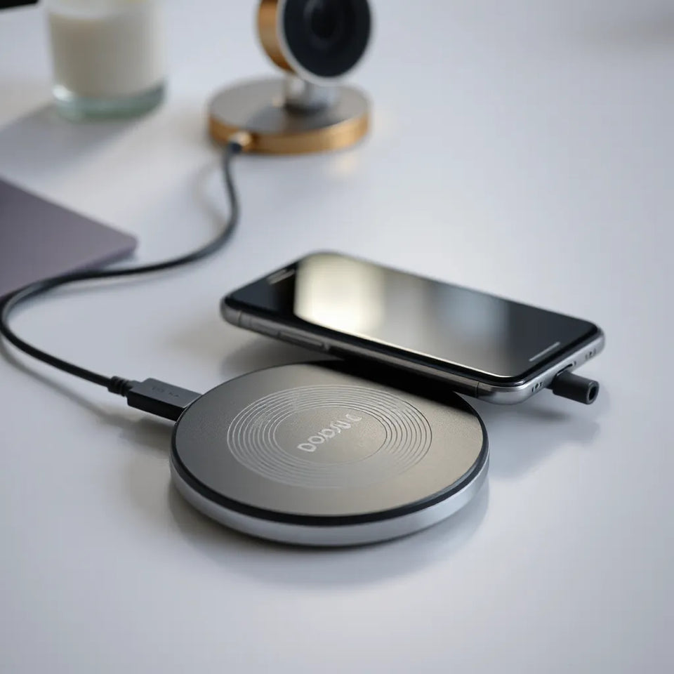 Smartphone resting on a wireless charging pad with a clean, modern desk setup