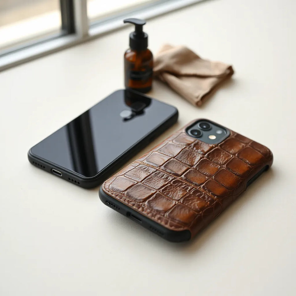 Crocodile leather phone case textures with a smartphone and a microfiber cloth for care
