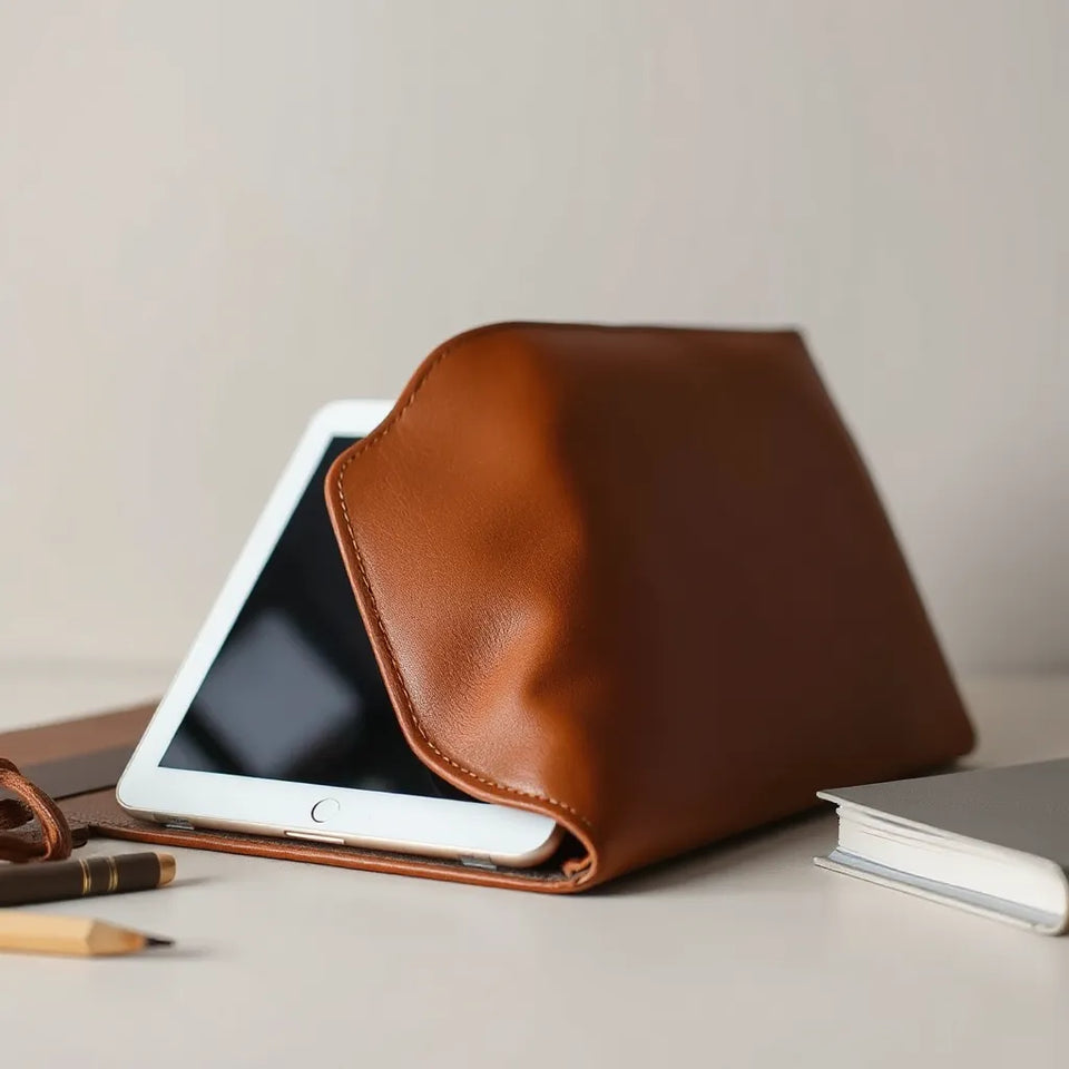 Open Nappa leather tablet cover with visible stitching and leather texture near a tablet