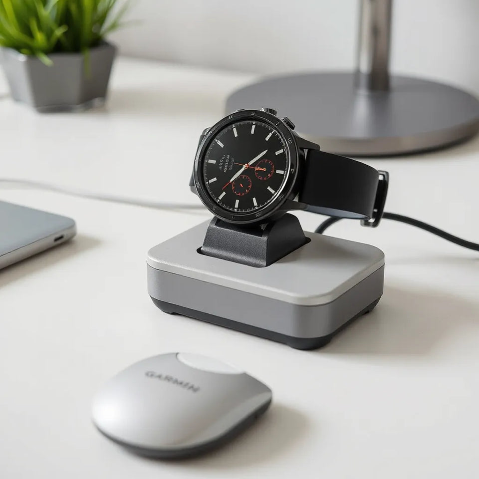 Garmin smartwatch resting on a charging base with the dock cradle and cable nearby