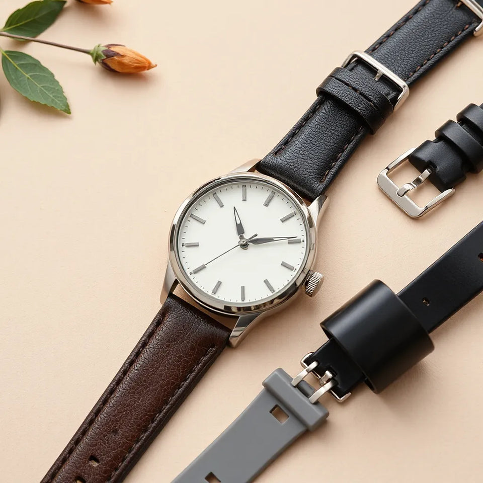 Assorted leather, metal, and silicone watch bands arranged in coordinated colors beside an analog watch face