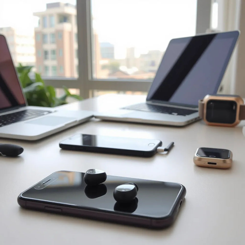 Wireless earbuds and a Bluetooth speaker on a tabletop beside a smartphone and smartwatch in a South African home.