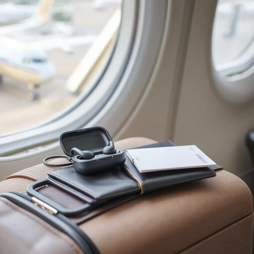 Bluetooth travel headset and charging case on a suitcase near an airport window