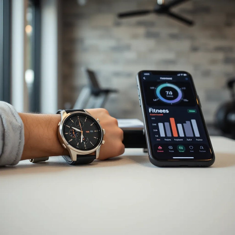 Modern smartwatch on a desk next to a smartphone with a blurred fitness dashboard