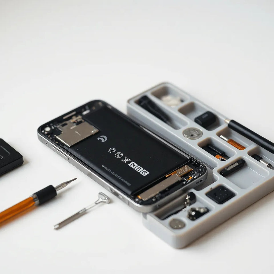 Smartphone internal parts and precision tools arranged for DIY repair