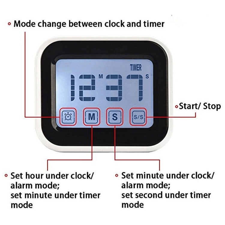 Kitchen Timer Digital Alarm Clock Large LCD Touch Screen Come with Night Light for Cooking Baking(White)