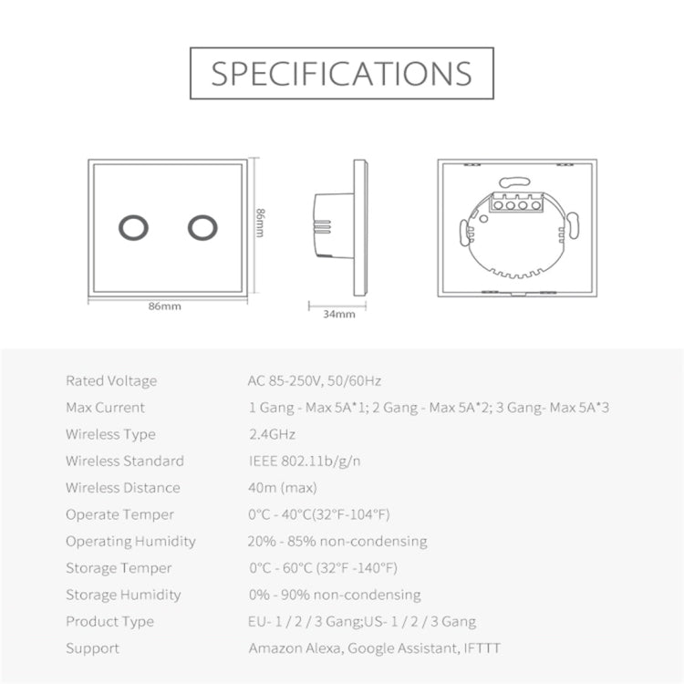 NEO NAS-SC02W Wireless WiFi EU Smart Light Control Switch 2Gang