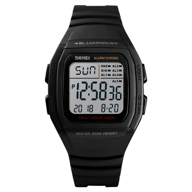 SKMEI 1278 Fashionable Outdoor 50m Water-resistant Digital Watch Student Sports Wrist Watch Support 5 Group Alarm Clocks(Black)