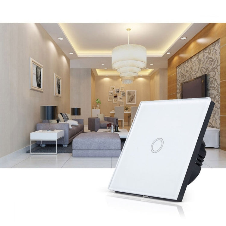 86mm 1 Gang Tempered Glass Panel Wall Switch Smart Home Light Touch Switch with RF433 Remote Controller, AC 110V-240V(White)