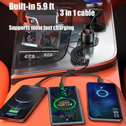 Ozio HX06 151W Type-C + USB Dual Port Car Charger with 3 in 1 Spring Data Cable