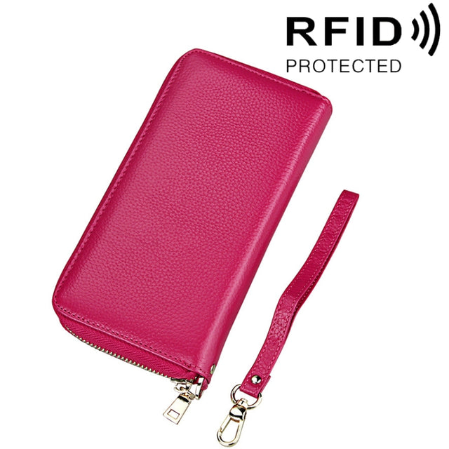 Genuine Cowhide Leather Litchi Texture Zipper Long Style Card Holder Wallet RFID Blocking Coin Purse Card Bag Protect Case with Hand Strap for Women, Size: 20*10.5*3cm(Magenta)
